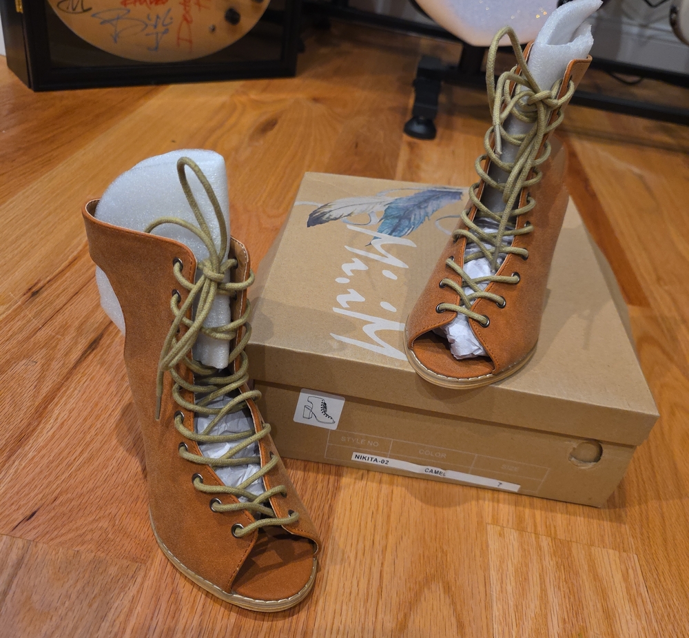 MI.IM Nikita Women’s Lace-Up Peep-Toe Booties in Camel